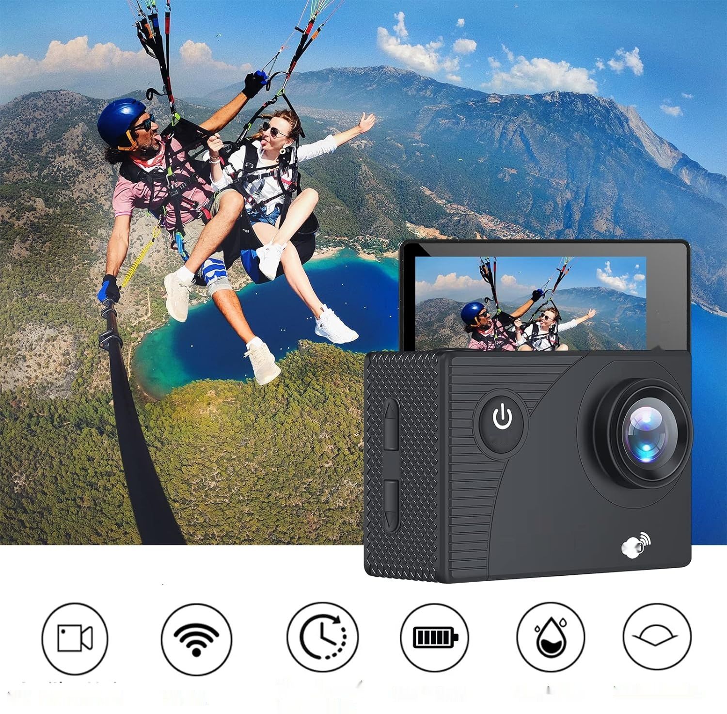 Jadfezy WiFi Action Cam HD 1080P, 12MP, wodoodporna do 30 m, 2 x 1050 mAh baterii.