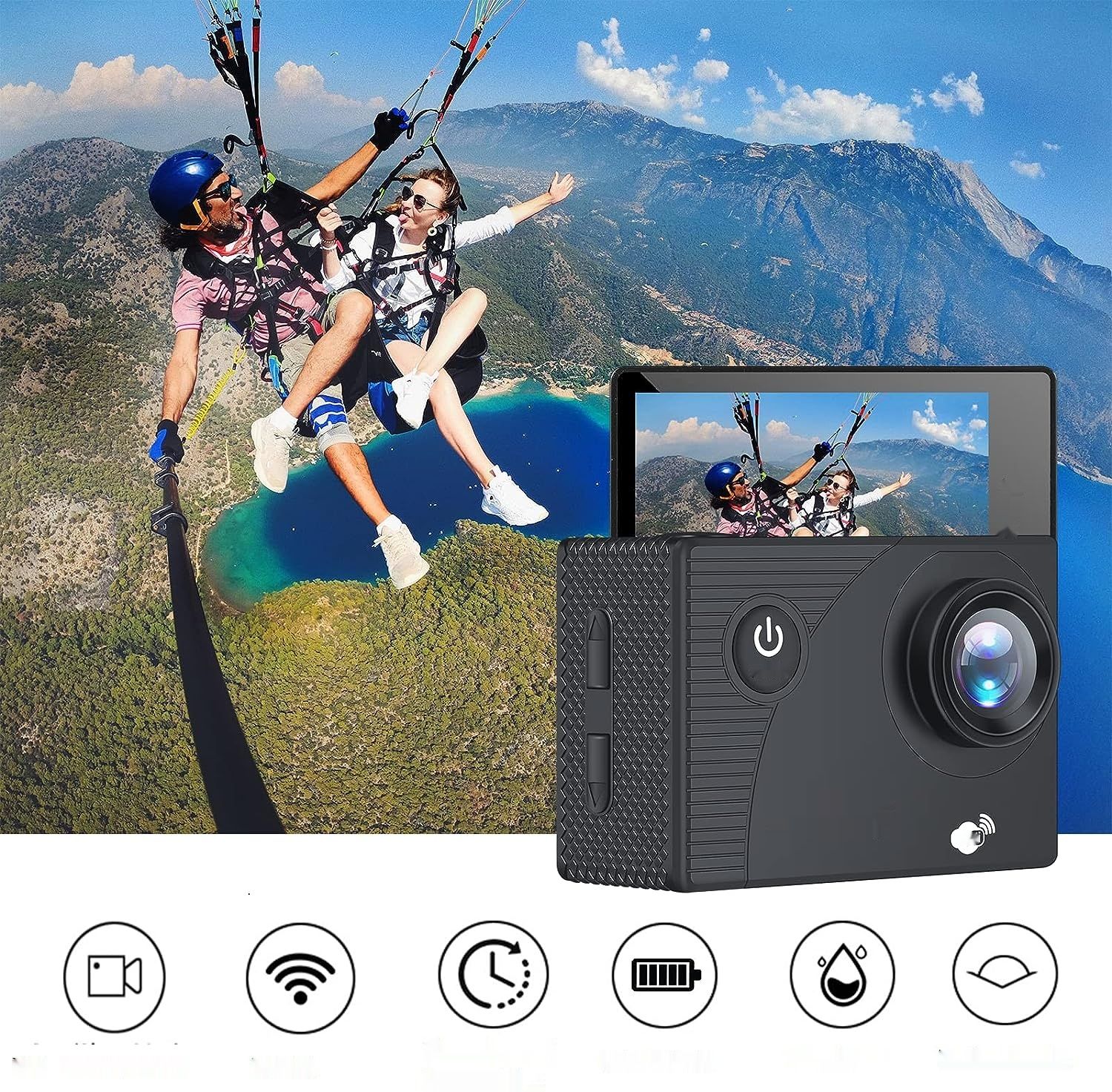 Jadfezy WiFi Kamera Akcji HD 1080P, 12MP, Ekran LCD 2&quot;, wodoodporna do 30 m
