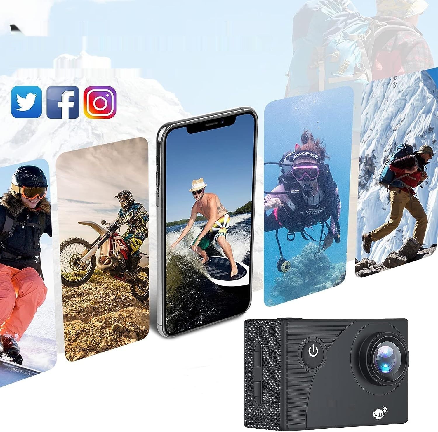Jadfezy WiFi Kamera Akcji HD 1080P, 12MP, Ekran LCD 2&quot;, wodoodporna do 30 m