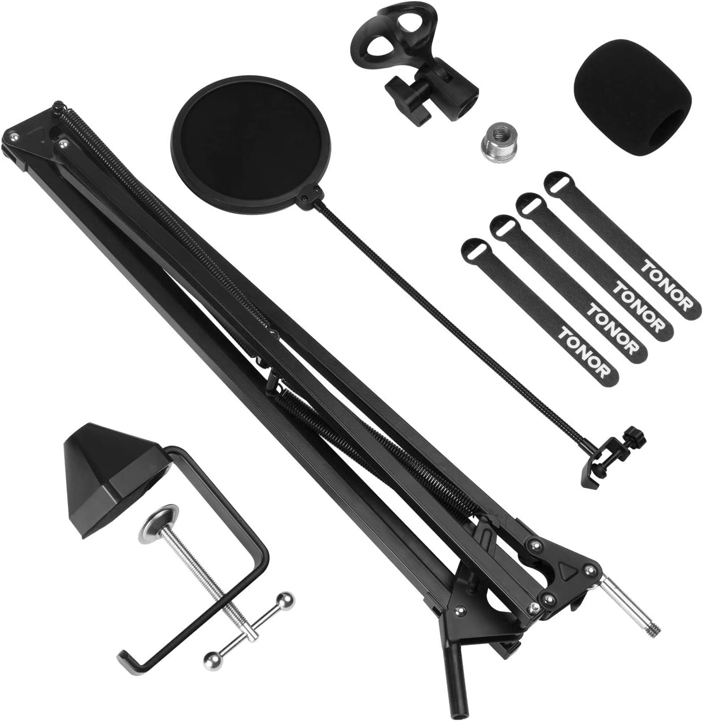 TONOR Stojak na mikrofon, rozszerzone ramię przegubowe z filtrem pop, adapter 3/8&quot; na 5/8&quot;, klips mikrofonowy, ulepszony zacisk o wysokiej wydajności, do Blue Yeti, Nano, Snowball, iCE i innych (T30)