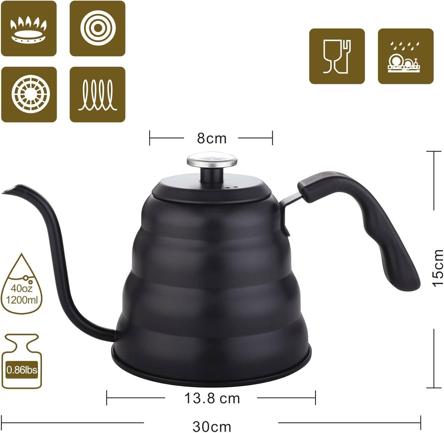 HöHscheid Wyginana Wylewka Czajnik, 1200ml Stal nierdzewna Indukcyjny z Termometrem