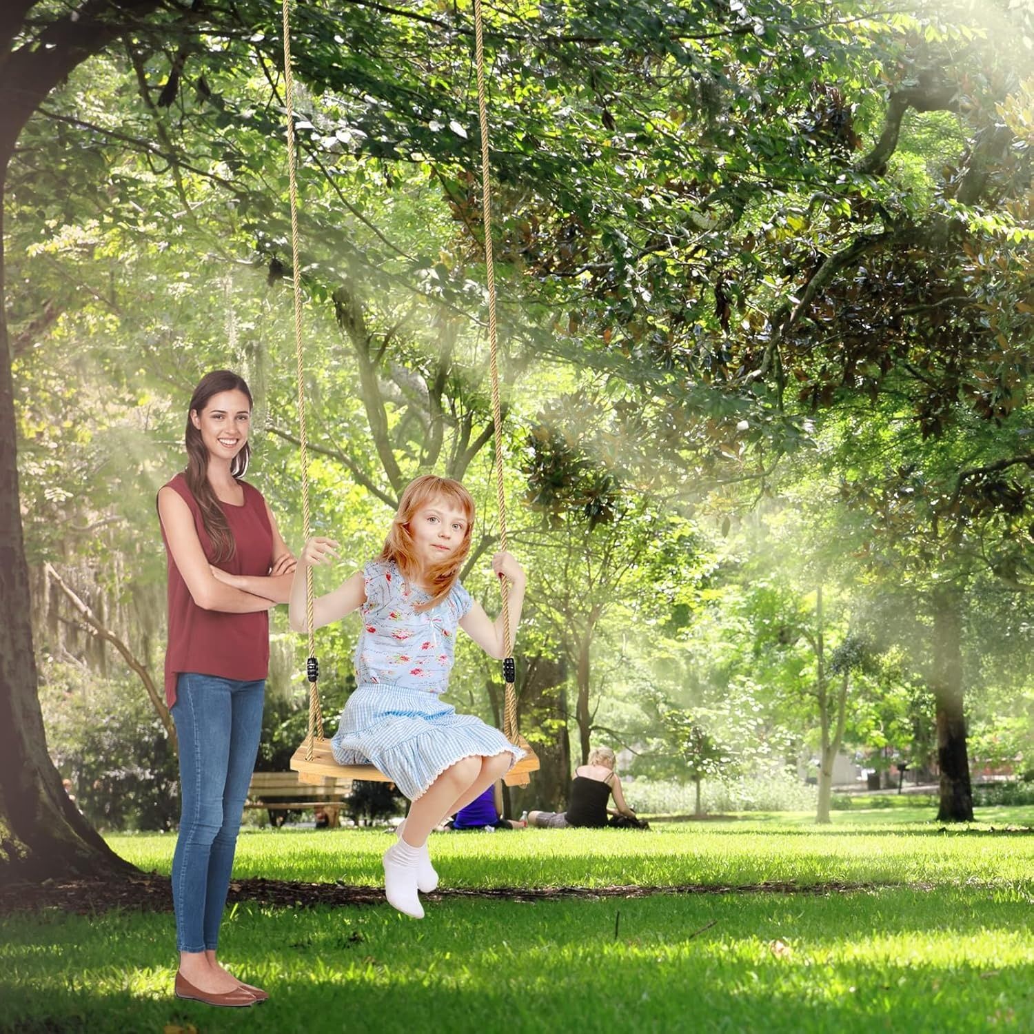 Drewniana huśtawka dla dzieci i dorosłych, regulowana wysokość, max 100 kg.