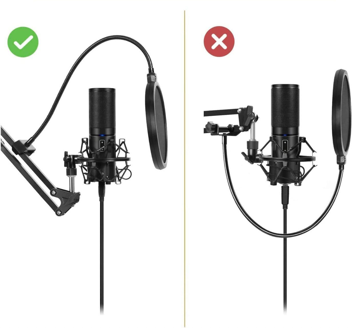 TONOR Stojak na mikrofon, rozszerzone ramię przegubowe z filtrem pop, adapter 3/8&quot; na 5/8&quot;, klips mikrofonowy, ulepszony zacisk o wysokiej wydajności, do Blue Yeti, Nano, Snowball, iCE i innych (T30)