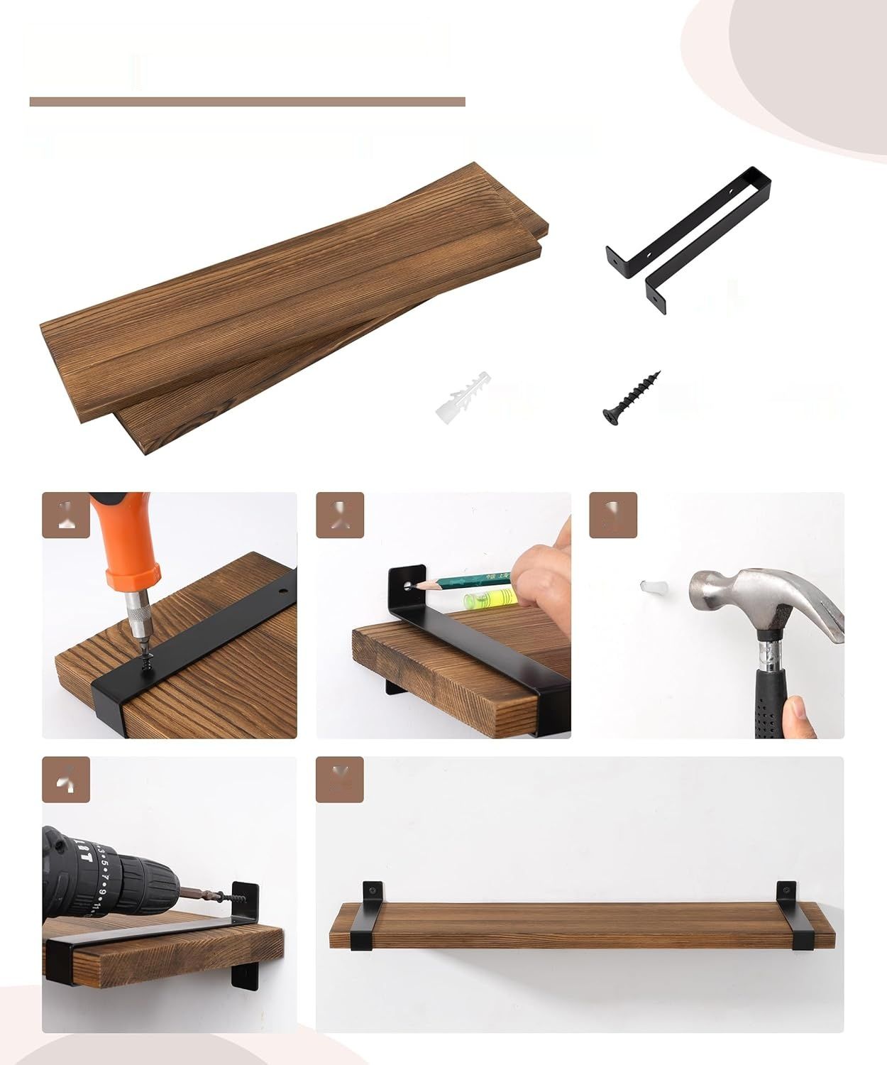 Gronda Drewniana Półka Ścienna, zestaw 2 szt., 60 cm, styl industrialny, jasny brąz.