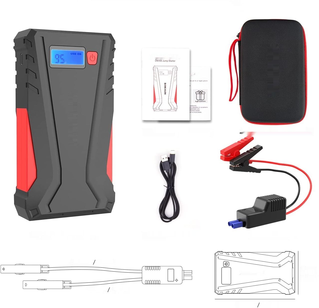 DINKALEN Jump Starter Power Bank, 12800 mAh, dla 7.0 L Benzyny lub 5.5 L Diesla