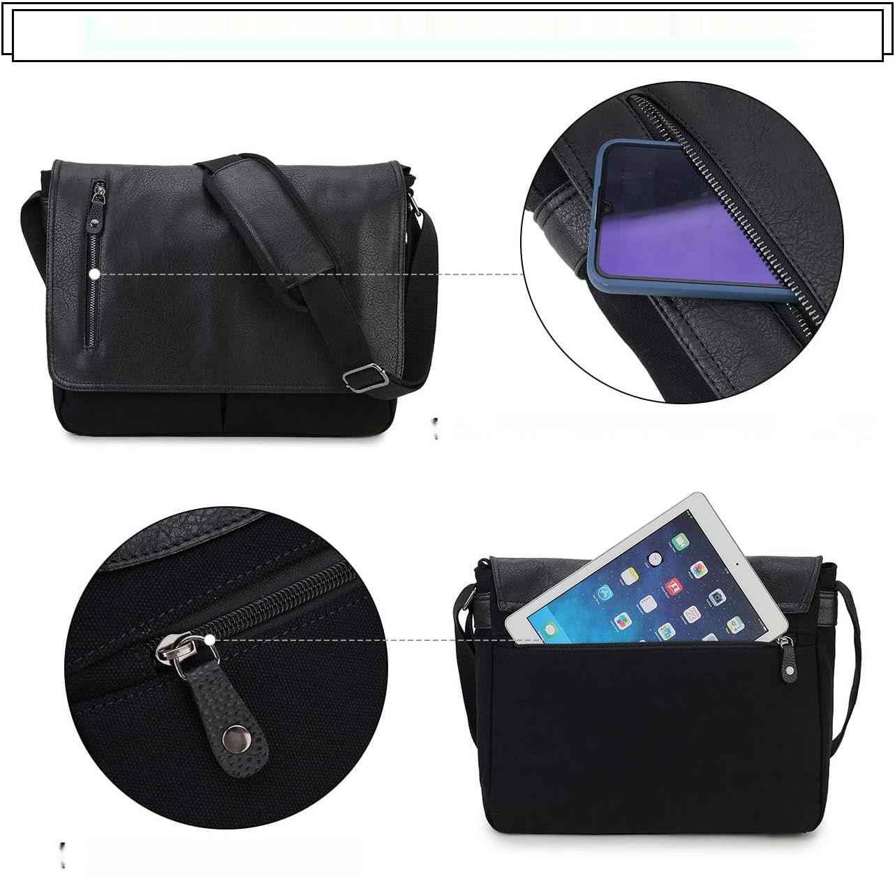Torba Vonxury, płótno i skóra, na laptopa 14&quot;, do pracy i szkoły, czarna, retro