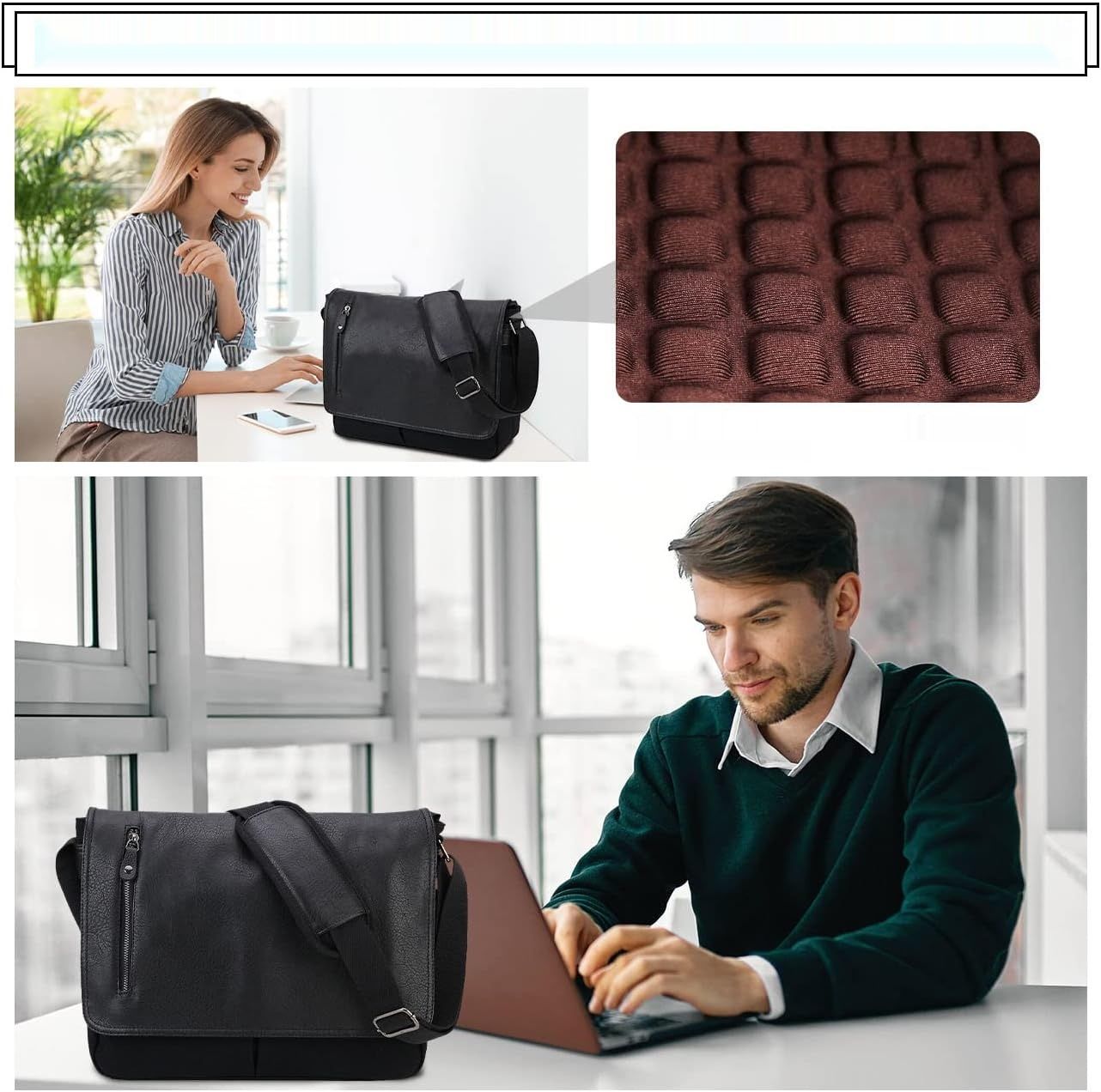 Torba Vonxury, płótno i skóra, na laptopa 14&quot;, do pracy i szkoły, czarna, retro