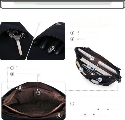 Torba Vonxury, płótno i skóra, na laptopa 14", do pracy i szkoły, czarna, retro