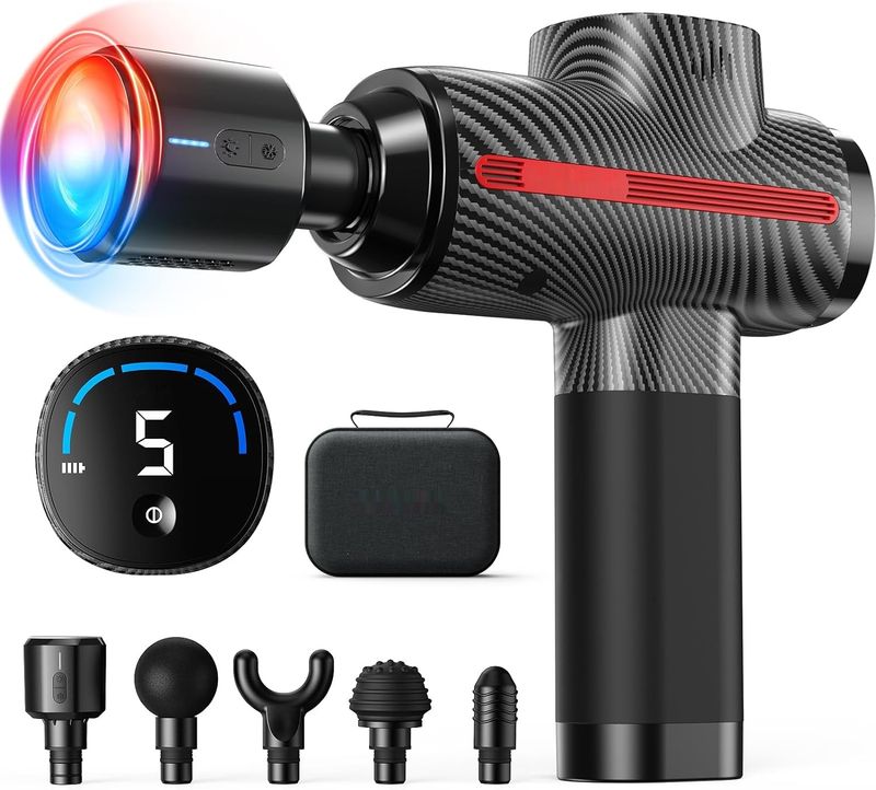 FITINDEX Pistolet do Masażu z Ciepłem i Zimnem, 5 głowic, LED, szybkie ładowanie.