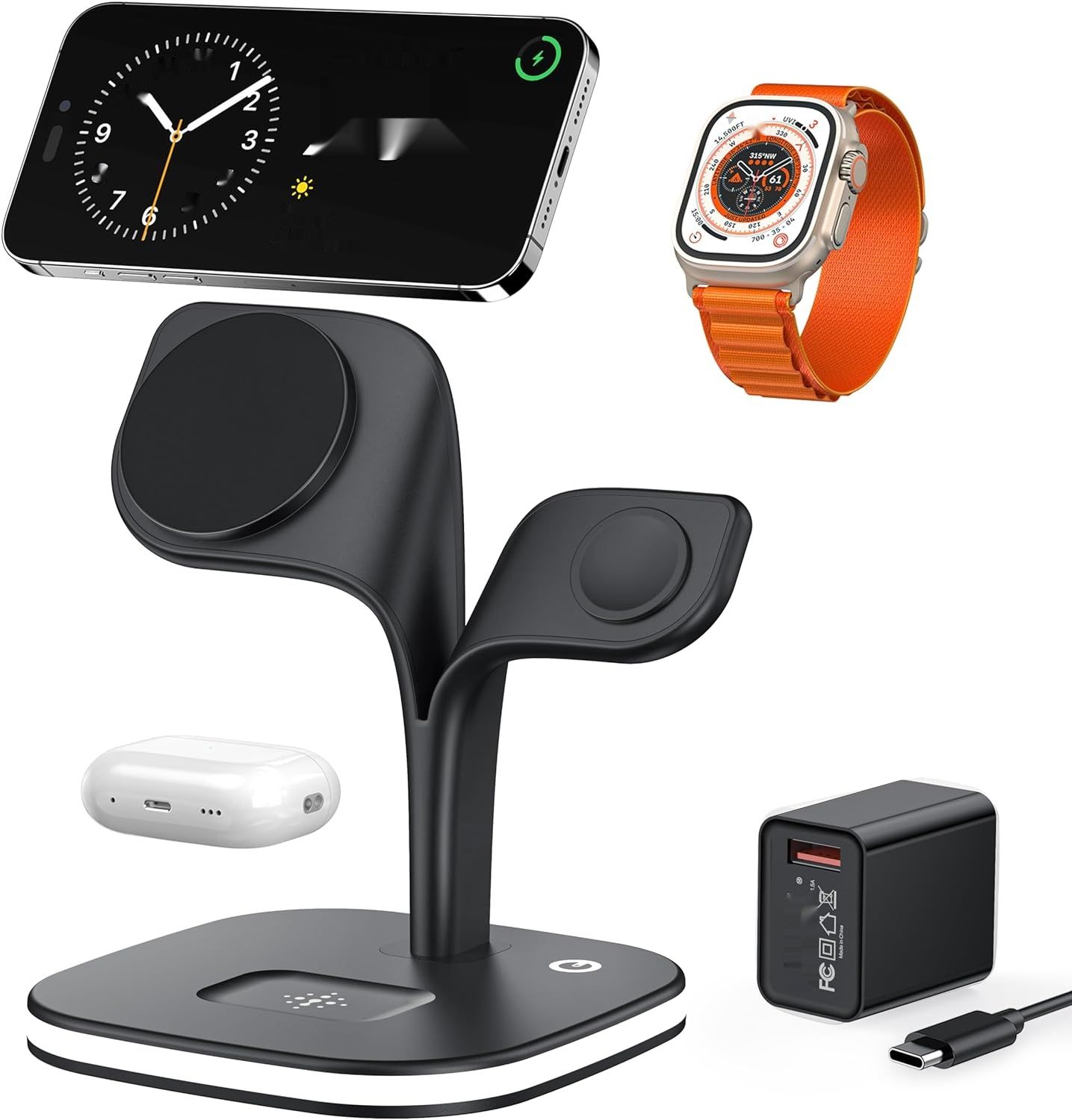 EXW 5-w-1 stacja ładująca do iPhone&#39;a serii 12/13/14/15, Apple Watch 8/7/6/5/4/SE