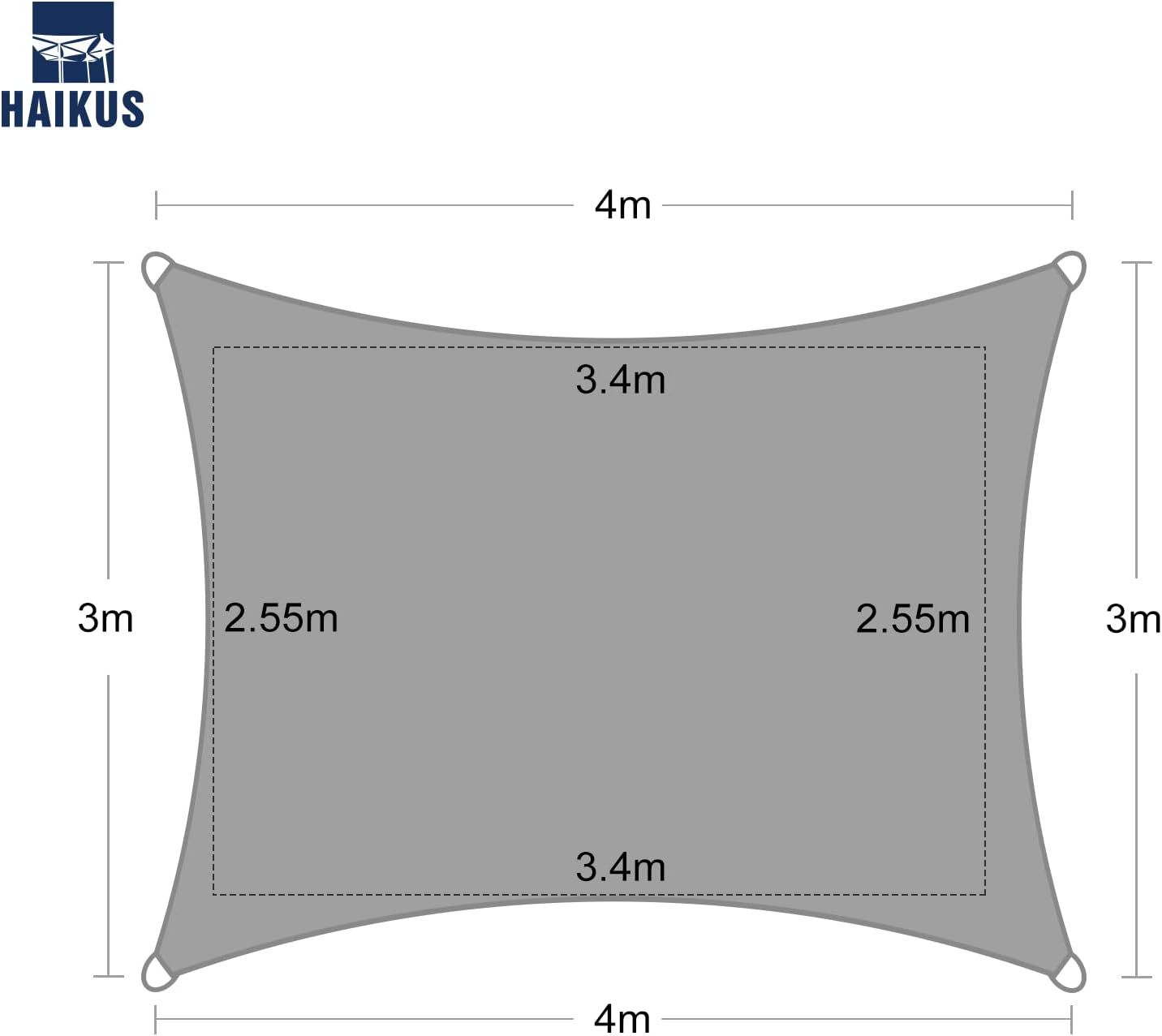 HAIKUS Sun Sail, 3 x 4 m, Prostokątny, Premium HDPE, UV i pogodoodporny, szary