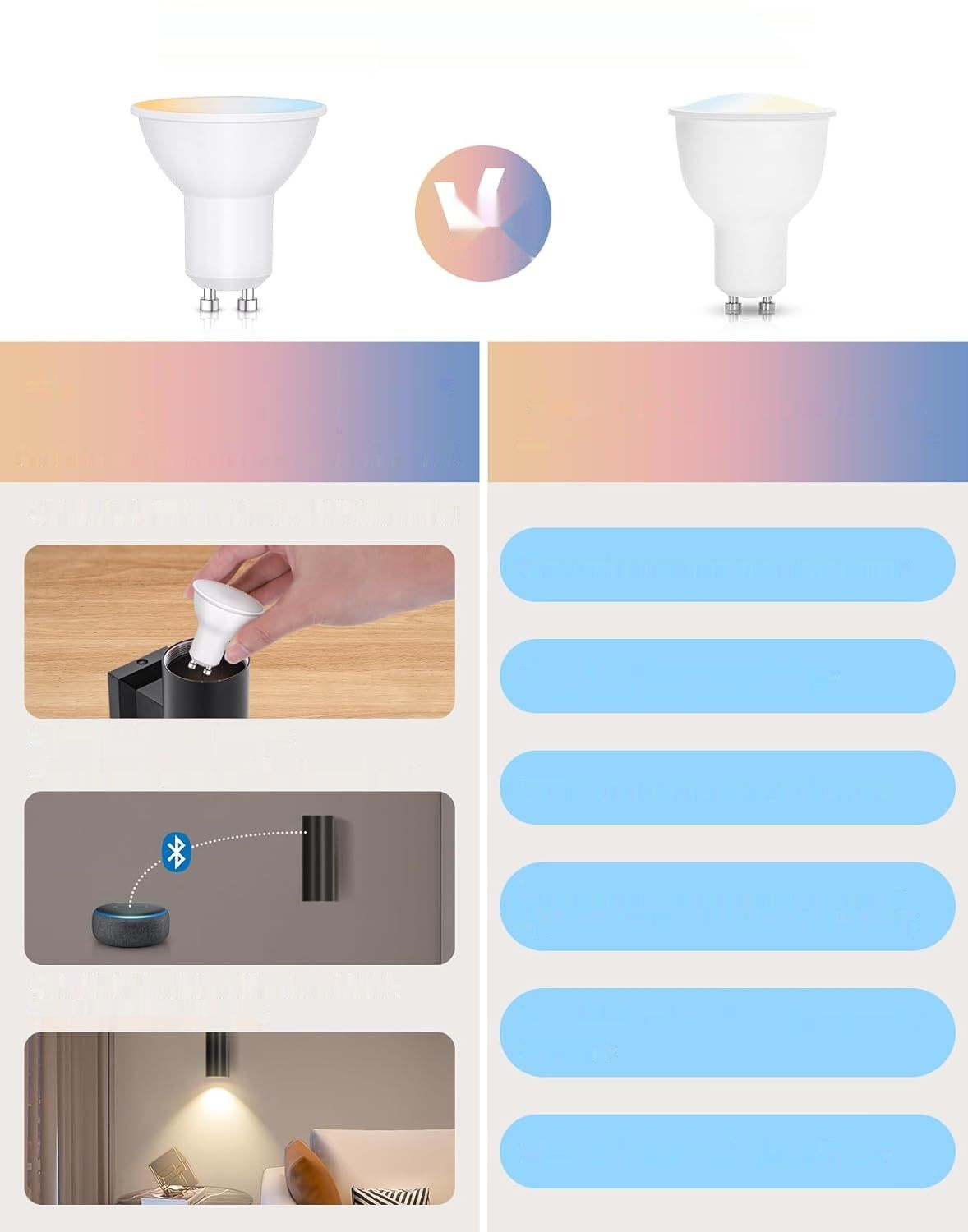 Aigostar Mesh - 6,5W GU10 Alexa Żarówka, LED Smart Bulb 555LM CCT, 6 sztuk