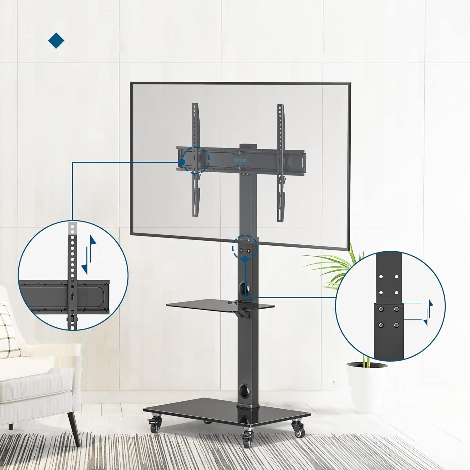 BONTEC Stojak na TV 30-70&quot;, 40 kg, 6 regulacji, 2 półki, VESA 600x400 mm