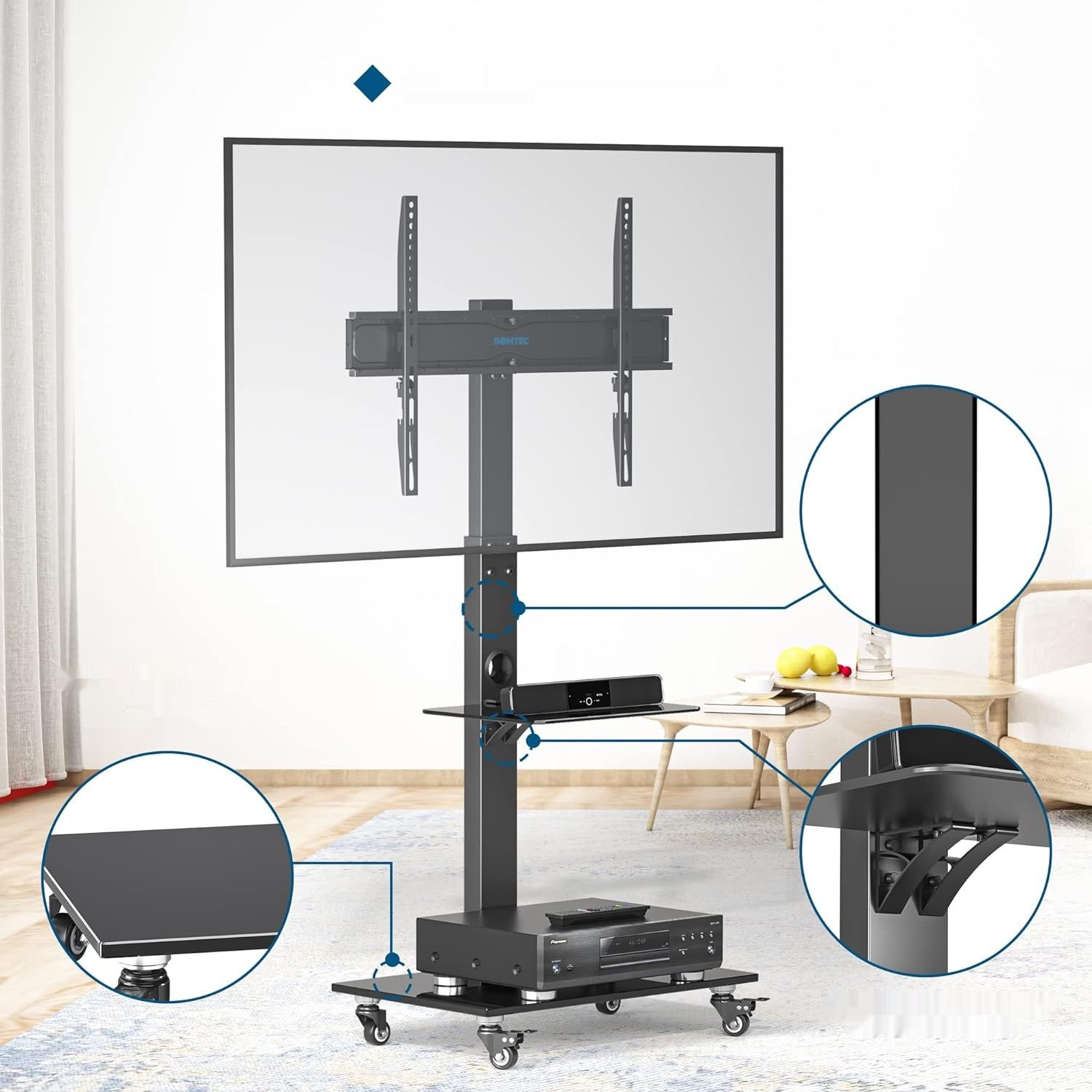 BONTEC Stojak na TV 30-70&quot;, 40 kg, 6 regulacji, 2 półki, VESA 600x400 mm