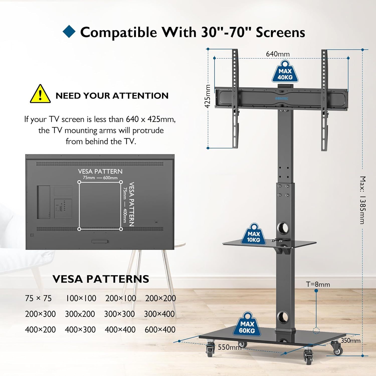 BONTEC Stojak na TV 30-70&quot;, 40 kg, 6 regulacji, 2 półki, VESA 600x400 mm