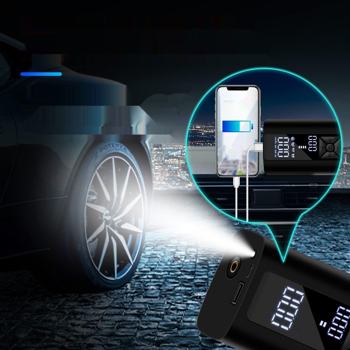 Pompka Rowerowa 8000mAh, USB-C, Power Bank, 150PSI do Samochodów, Rowerów
