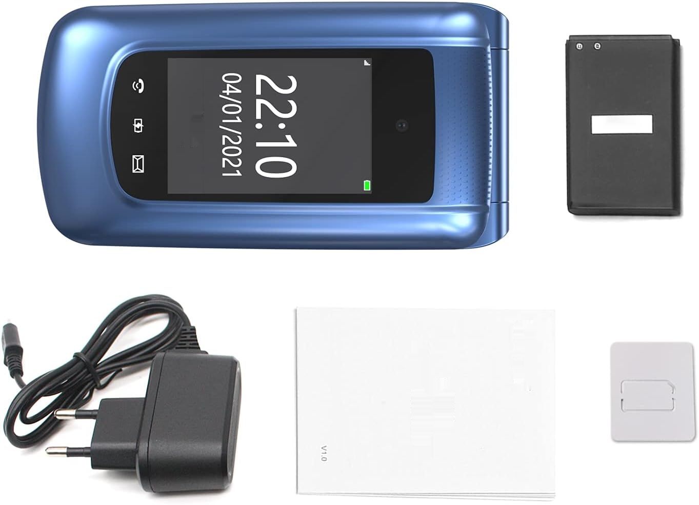 Telefon komórkowy GSM Senior, składany, duże klawisze, połączenie alarmowe, Dual SIM, niebieski