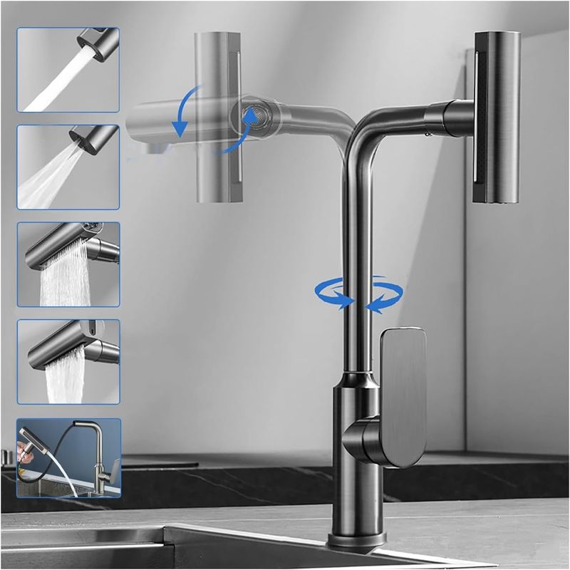 Bateria kuchenna obracana o 360° ze wężem, mieszacz nablatowy, wysuwana wylewka.