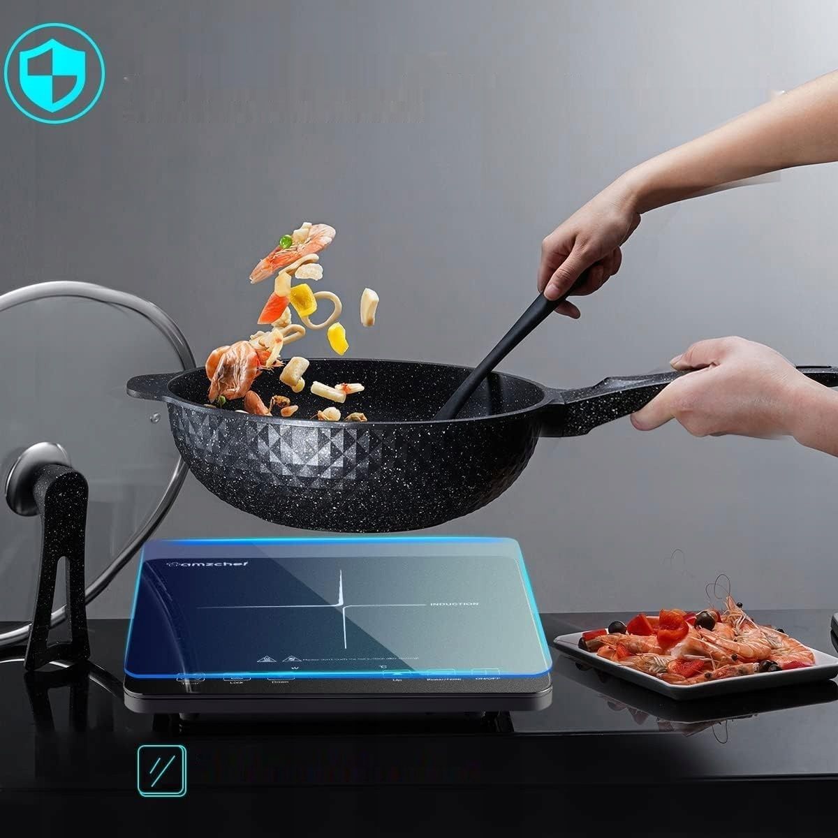 AMZCHEF Płyta Indukcyjna, 2000 W, 10 Poziomów Mocy, 3-Godzinny Timer, Czarn