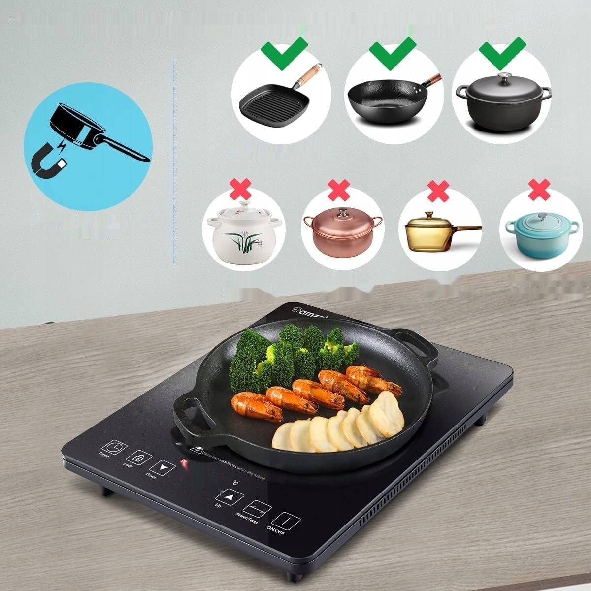 AMZCHEF Płyta Indukcyjna, 2000 W, 10 Poziomów Mocy, 3-Godzinny Timer, Czarn