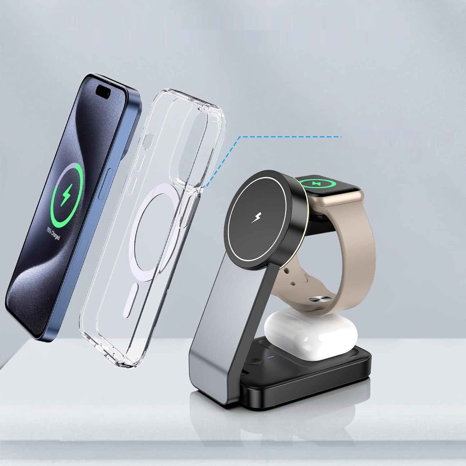 Ładowarka indukcyjna, magnetyczna, 3 w 1, Apple Mag-Safe iPhone 15 14 13 Pro Max