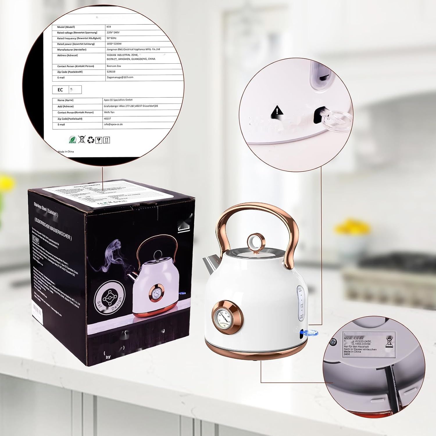 Czajnik retro NESSGRAIM, 1,7 L, 2200 W, stal nierdzewna, LED, biały