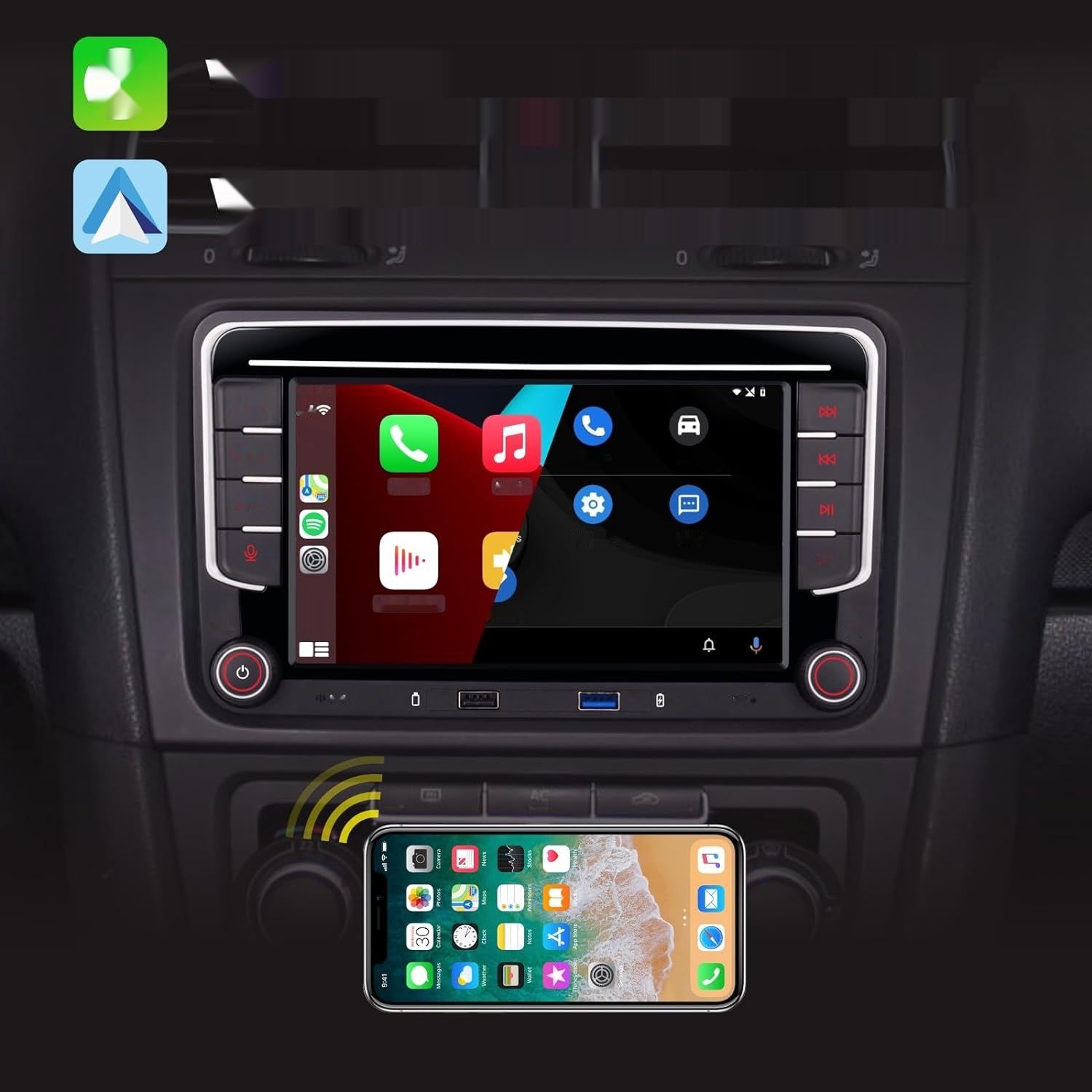 YZKONG Radio Samochodowe z Bezprzewodowym Carplay, model VW Passat/Golf.