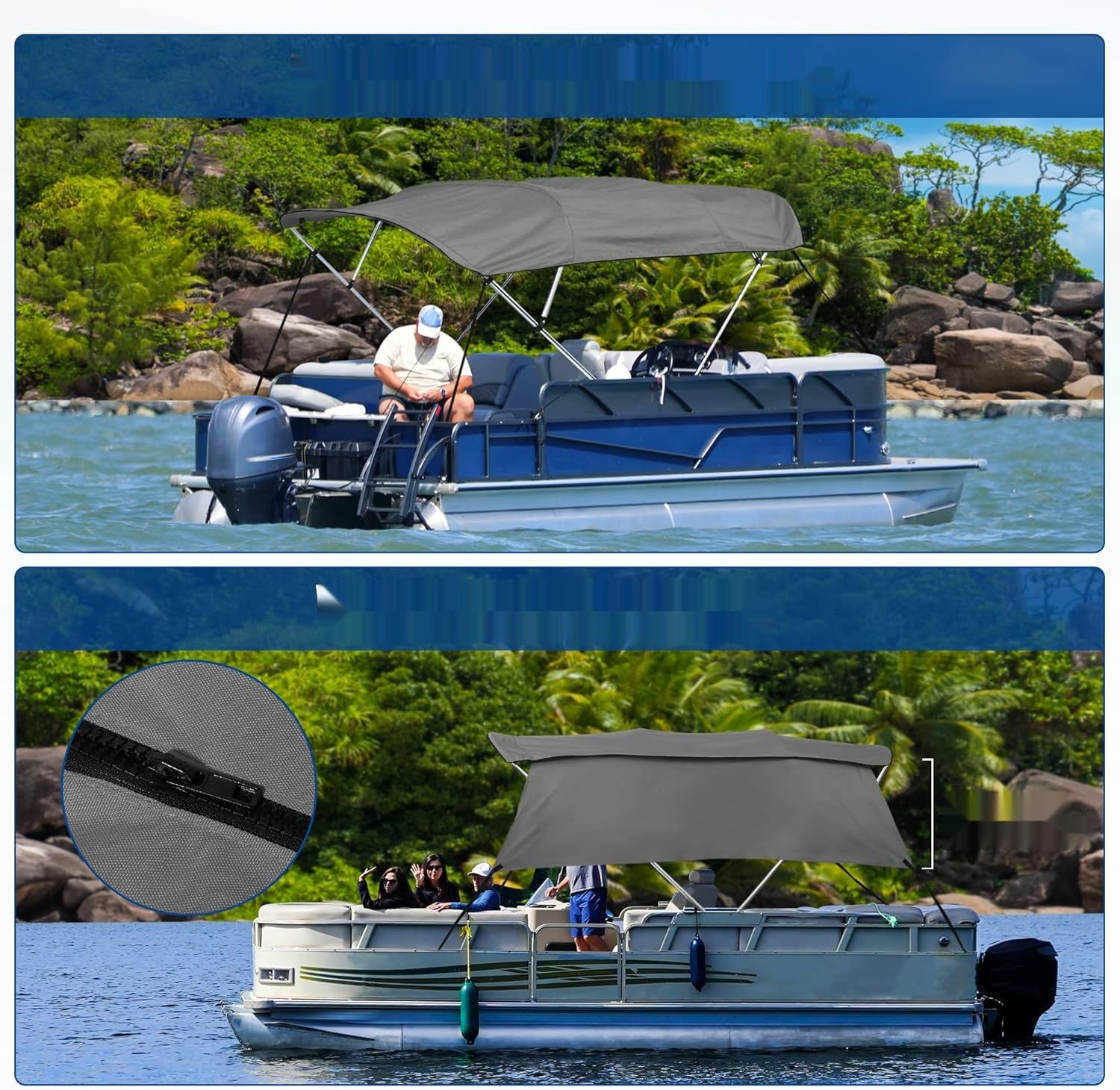 X AUTOHAUX Poliester Bimini Top Płótno pokrowiec 600D szary 4 Bogen 8&#39; L x 54&quot; H x 91&quot;-96&quot; B