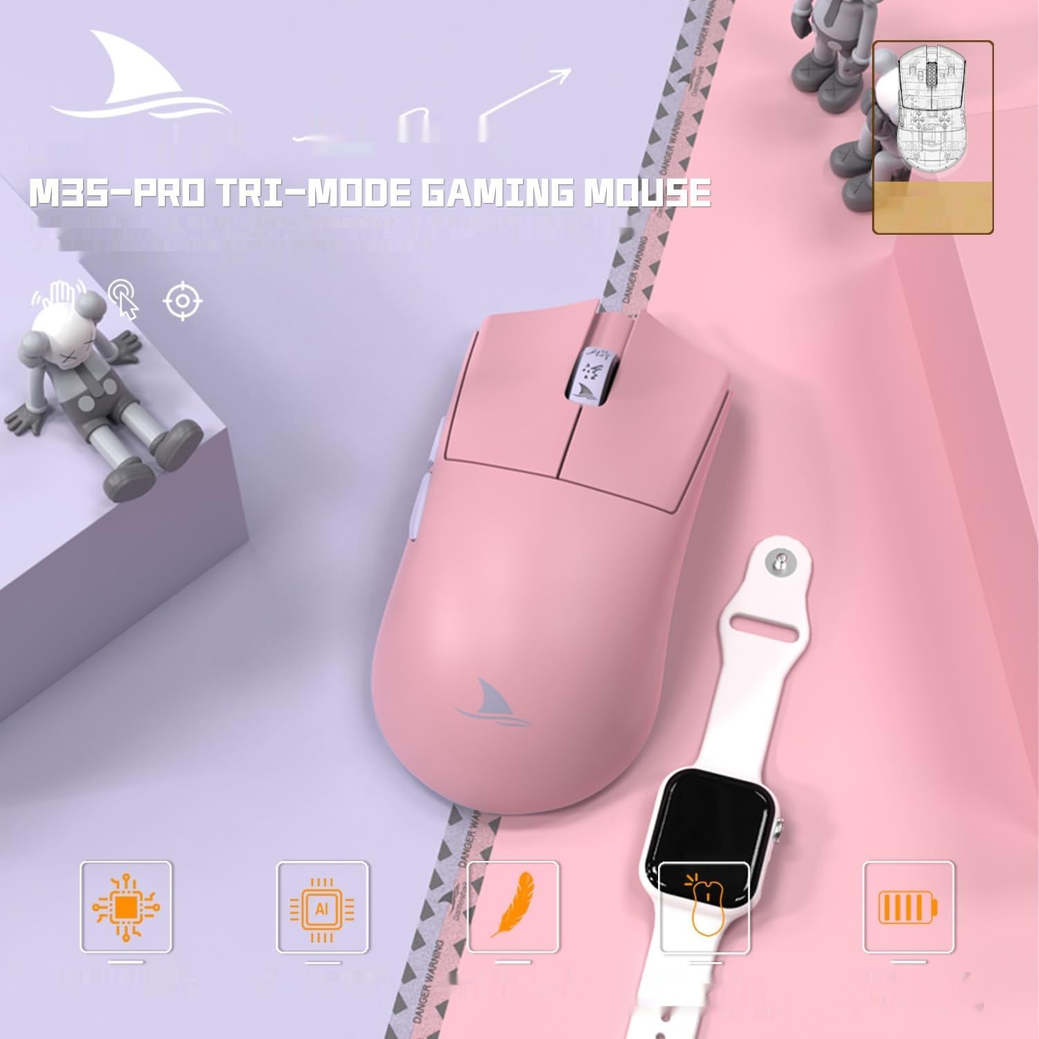 Darmoshark M3SPRO Mysz, 2.4G/USB-C/Bluetooth, 26KDPI, PAW3395, 54g, 5 przyciski