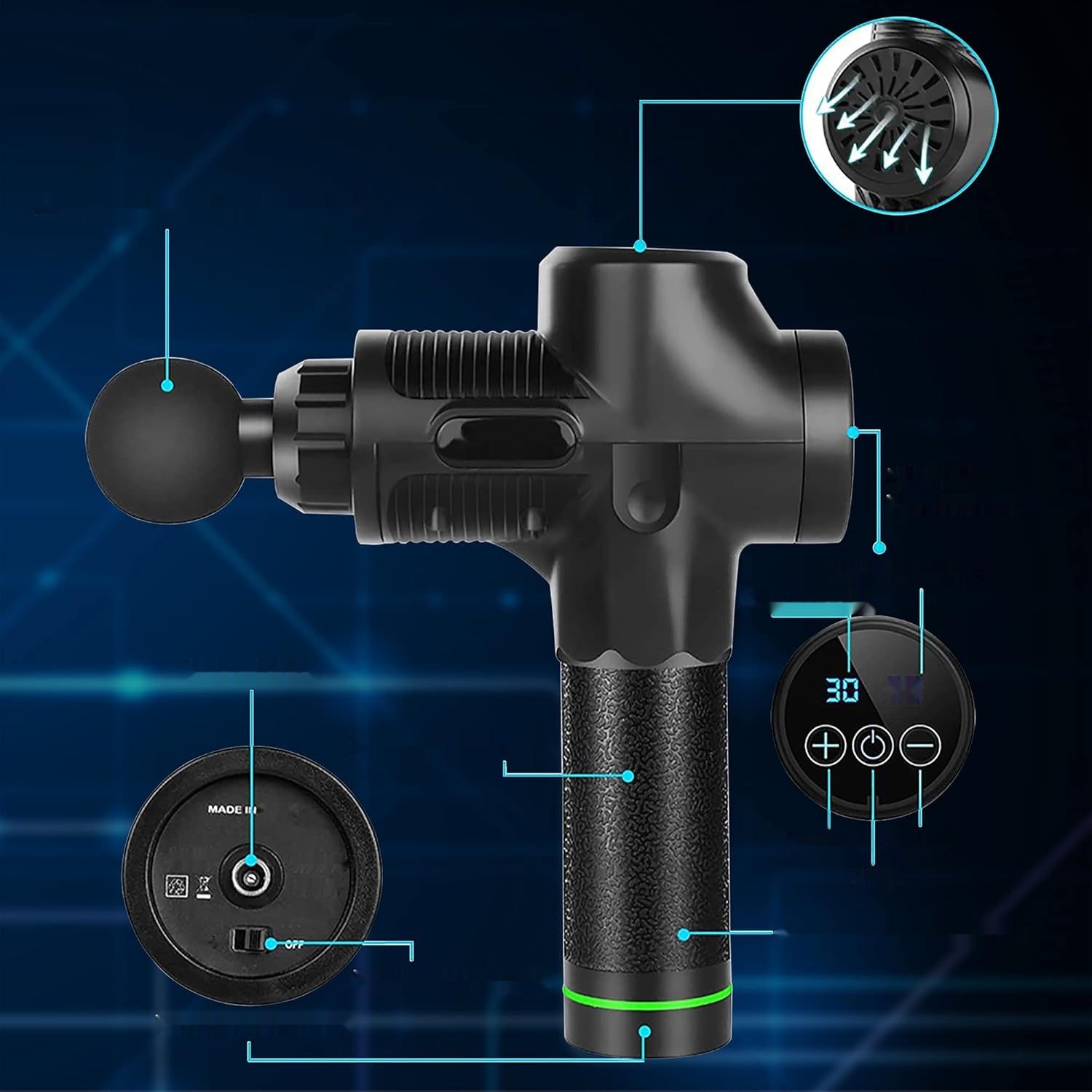 Farsaw Pistolet do Masażu Elektrycznego, 6 Głowic, 30 Prędkości