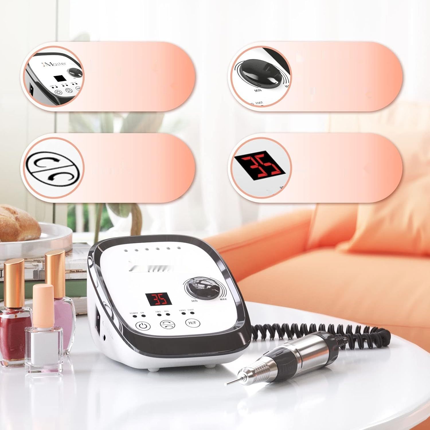 Nagelfräser JCMaster Profi, max. 35.000 obr./min, z pedałem, 6 końcówek