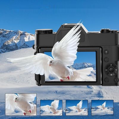 4K aparat 56MP 32GB z 3" obrotowym ekranem i lampą błyskową.