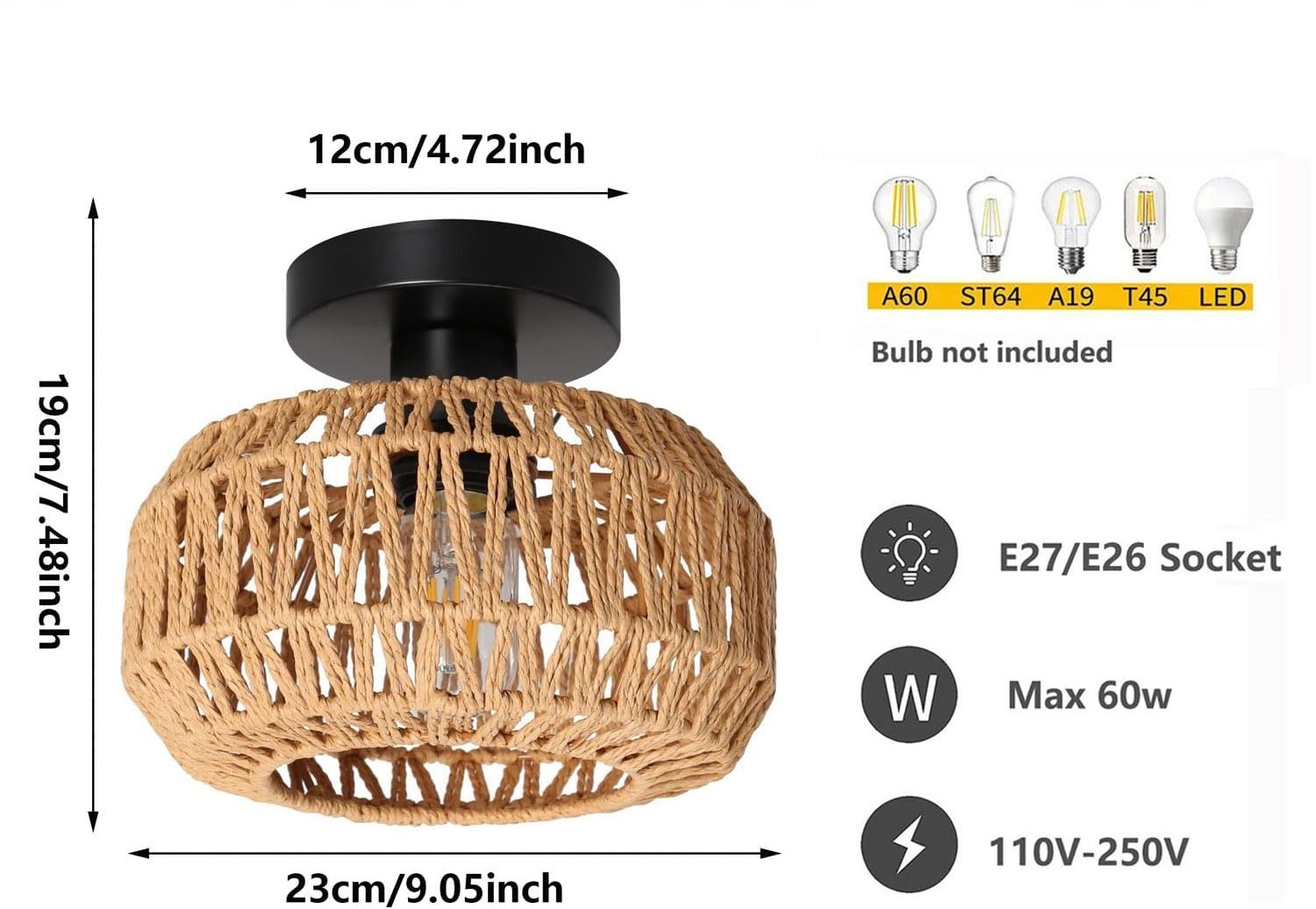 Boho Rattanowa Lampa Sufitowa Wisząca Vintage do Salonu, Jadalni, Sypialni