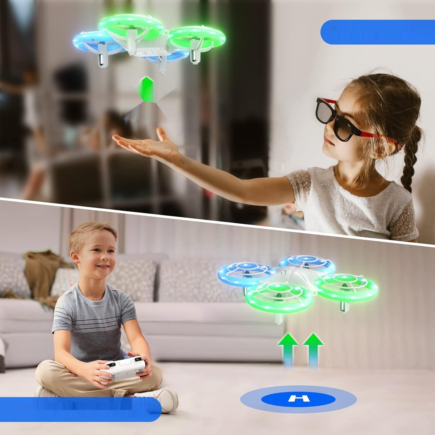 TOMZON Mini dron, niebieskie i zielone LED, quadcopter RC z 2 bateriami