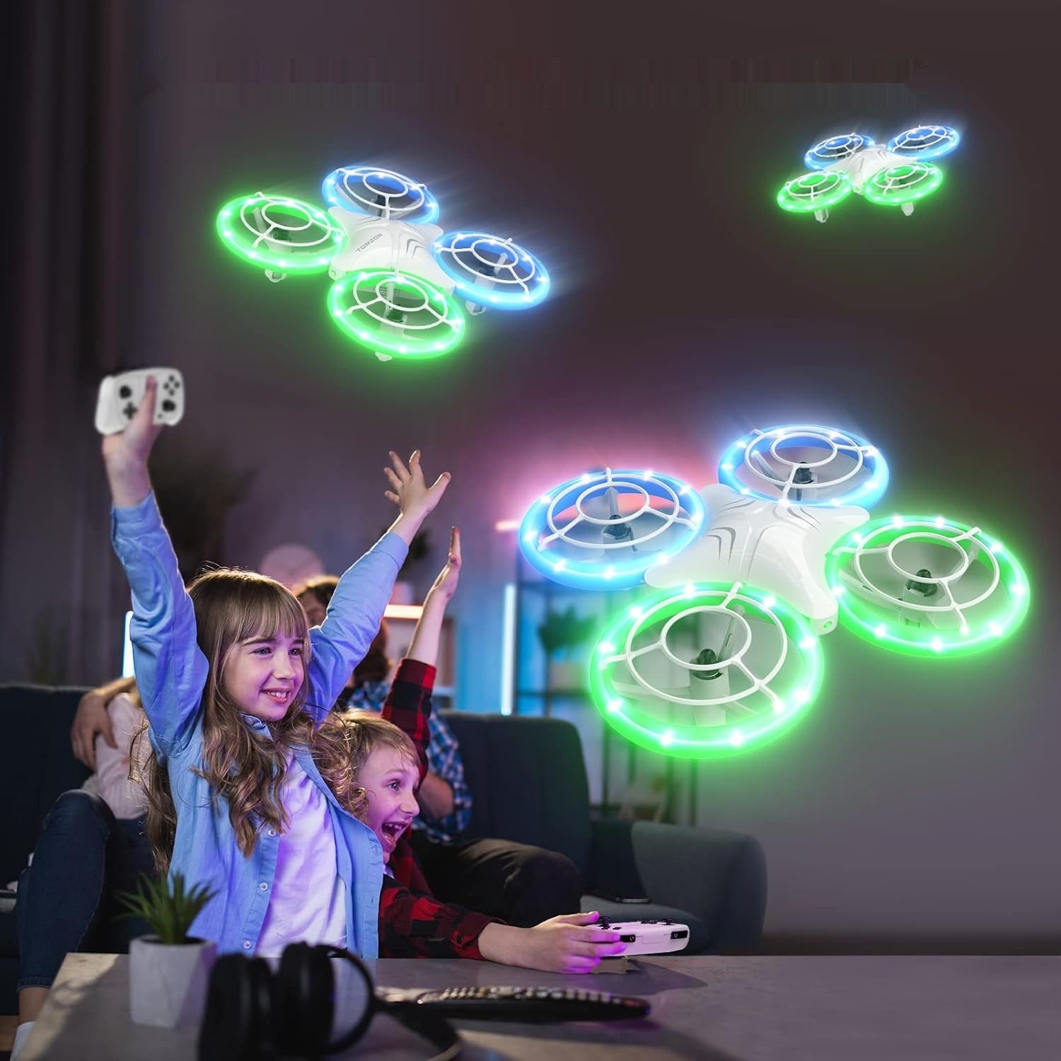 TOMZON Mini dron, niebieskie i zielone LED, quadcopter RC z 2 bateriami