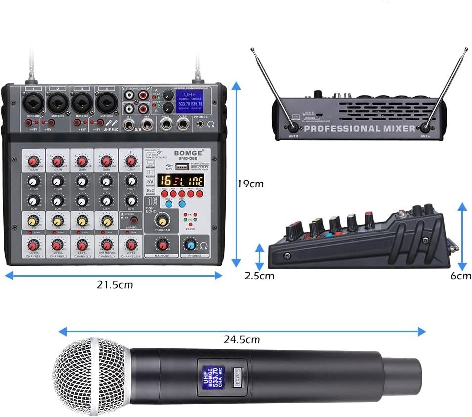 BOMGE 6-kanałowa konsola audio DJ z mikrofonem UHF, MP3, USB, Bluetooth