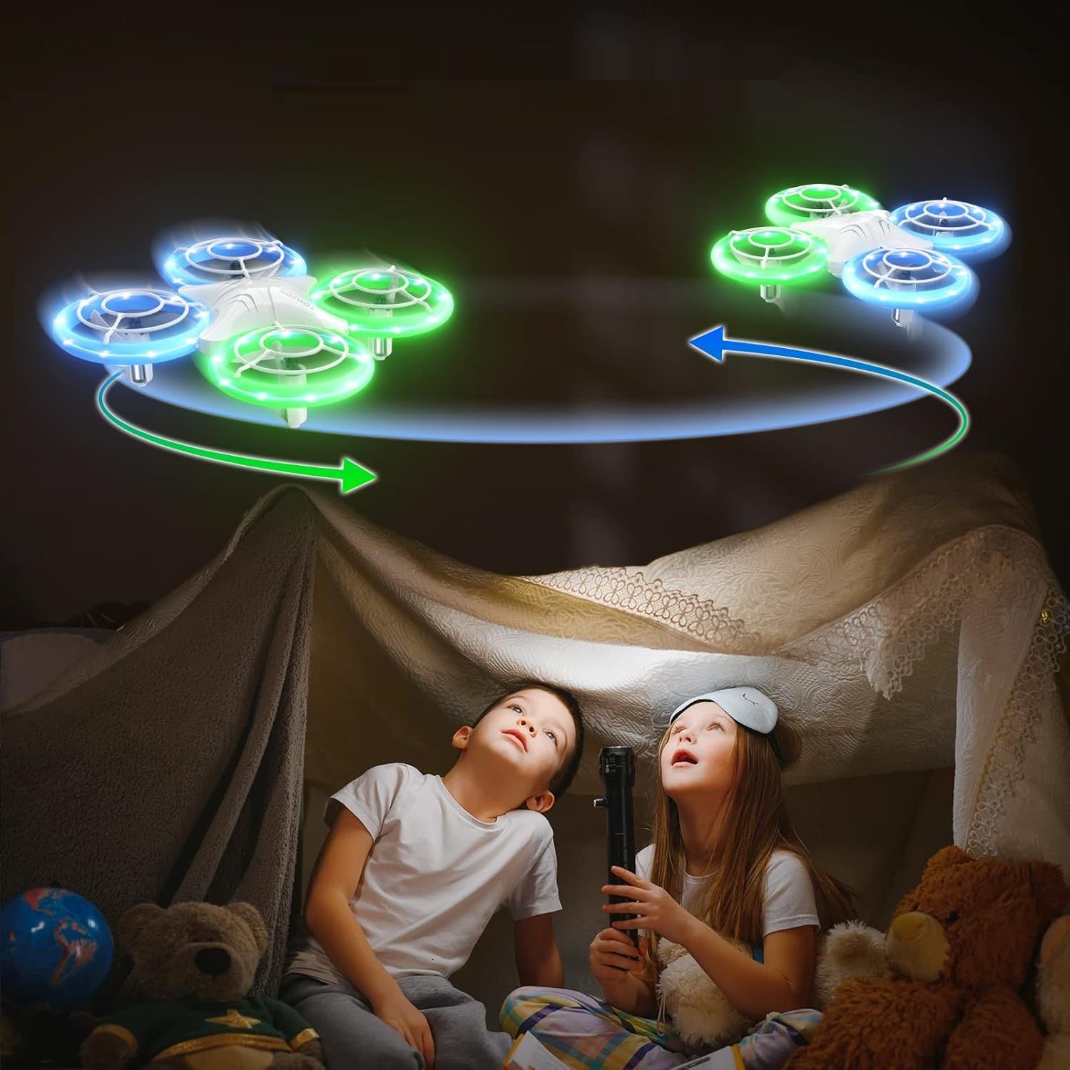 TOMZON Mini dron, niebieskie i zielone LED, quadcopter RC z 2 bateriami