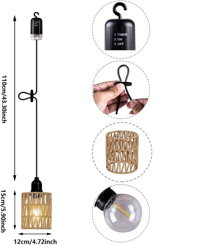 3 x Wisząca Lampa IP44 Zdalnie Sterowana, Klosz Rattan.