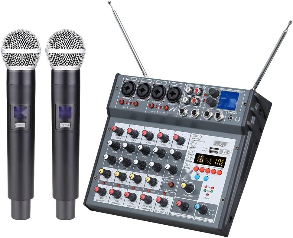 BOMGE 6-kanałowa konsola audio DJ z mikrofonem UHF, MP3, USB, Bluetooth