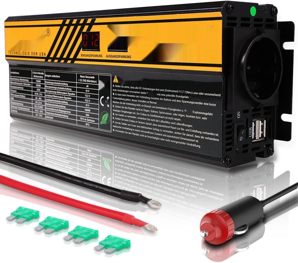 Przetwornica napięcia 1000 W 12V 230V LCD, czysta sinusoida, 2xUSB