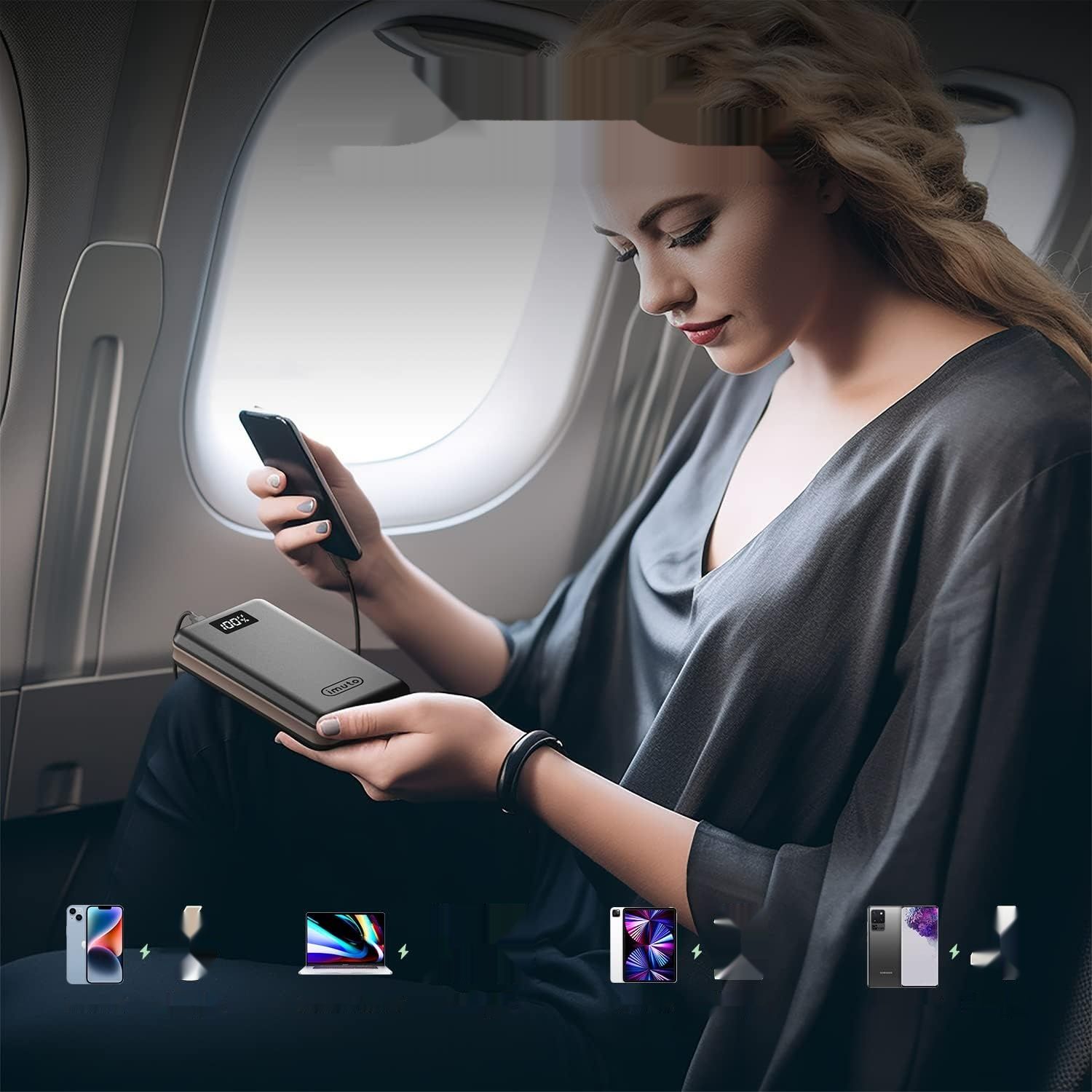imuto Powerbank PD 65W 27000mAh z szybkim ładowaniem 3.0 kompatybilny z laptopami MacBook Pro/Air, Dell, Surface Go, Lenovo, iPhone 14, Huawei, Samsung, Tablet, Steam.