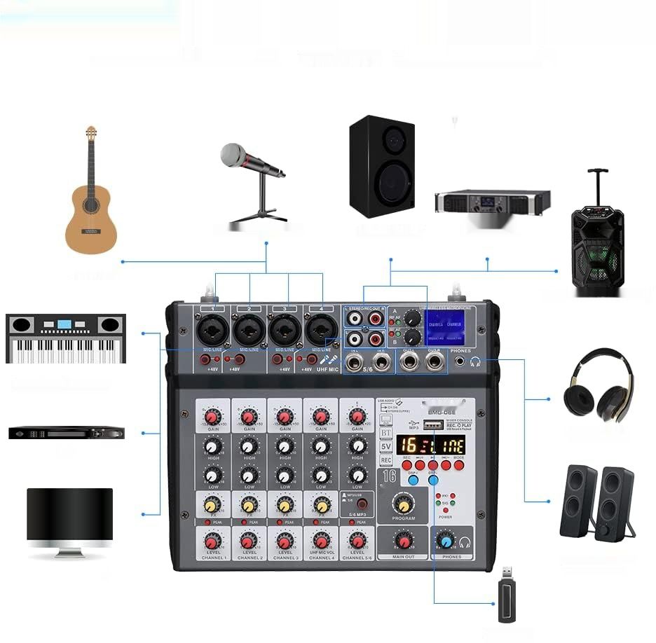 BOMGE 6-kanałowa konsola audio DJ z mikrofonem UHF, MP3, USB, Bluetooth