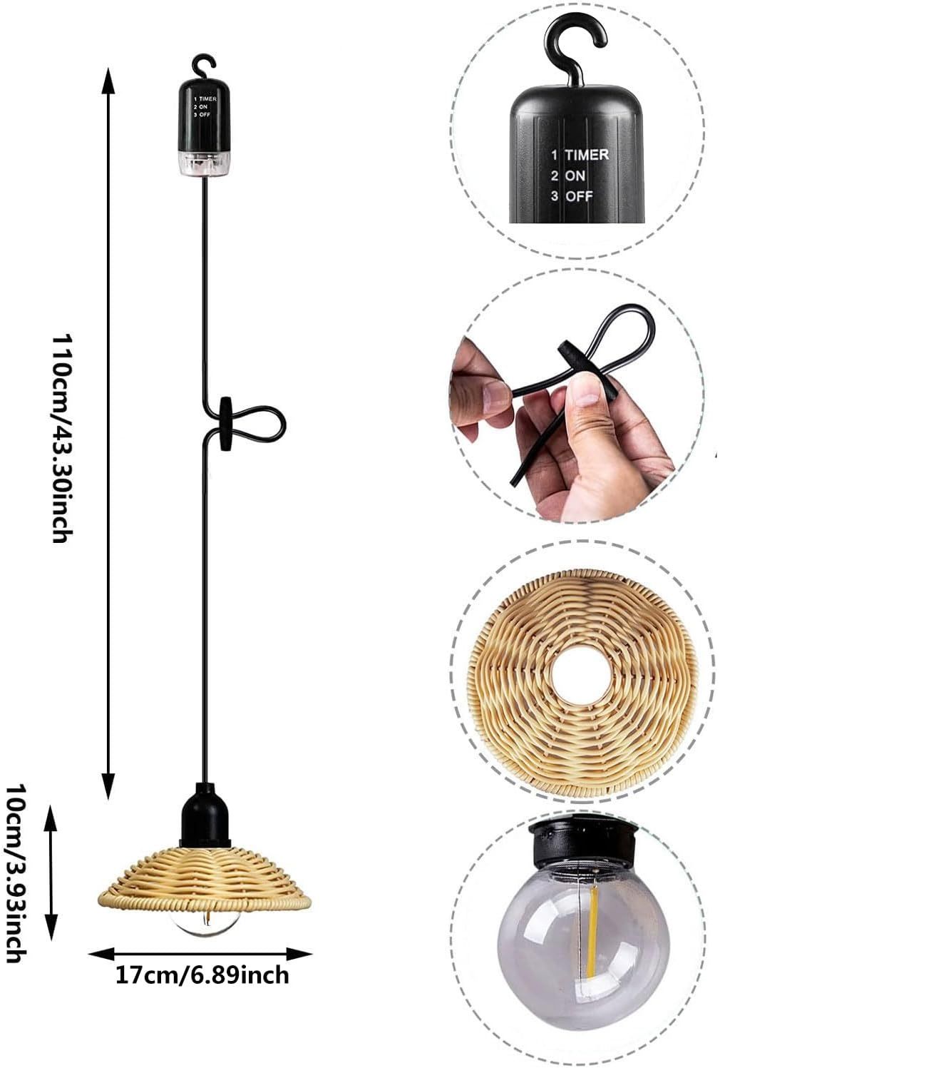 3-częściowa lampa boho, rattan, IP44, 17,5 cm, z pilotem, na baterie.