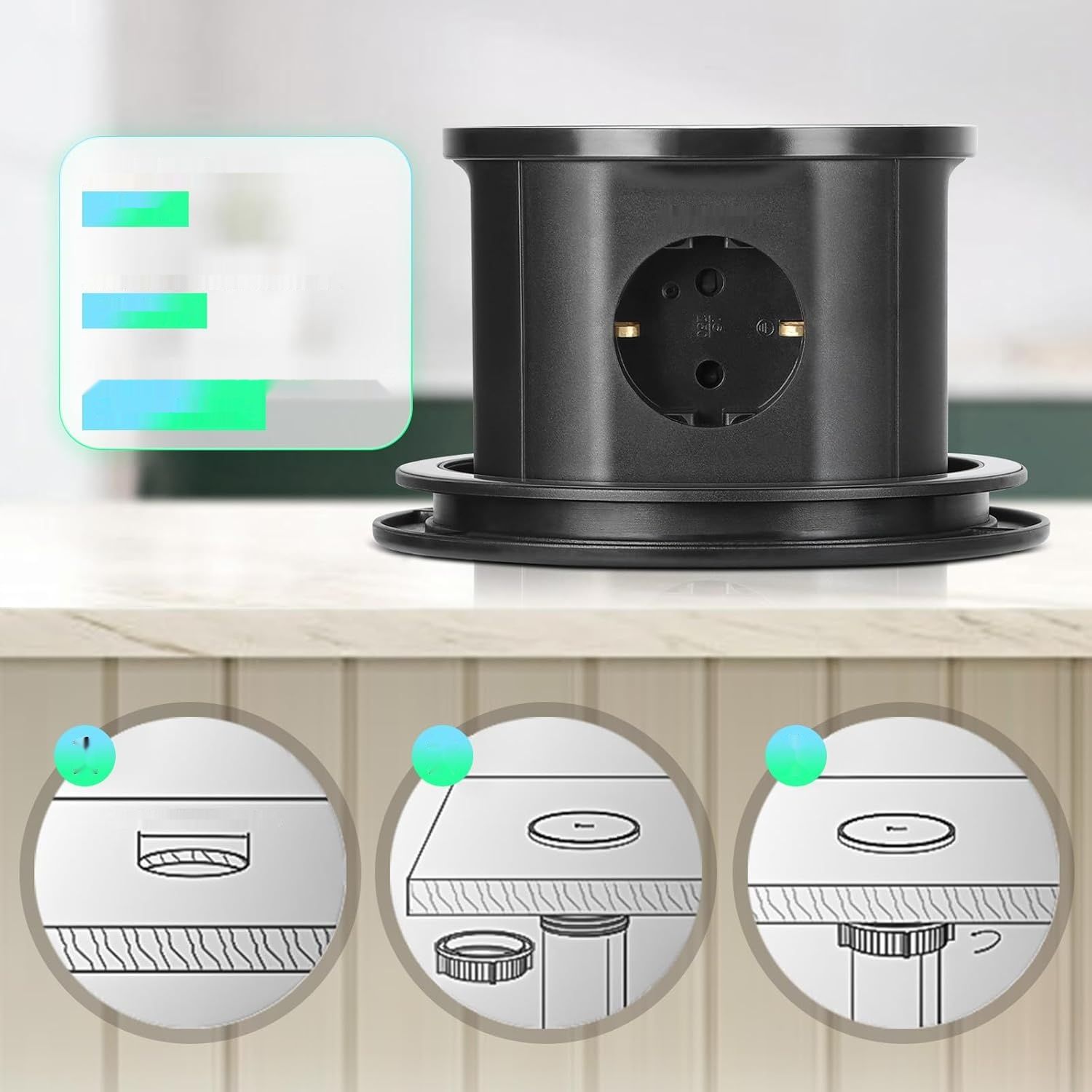 Wielogniazdowa listwa zasilająca, 2x USB A, ładowarka 15W, 3680W/16A, D120mm