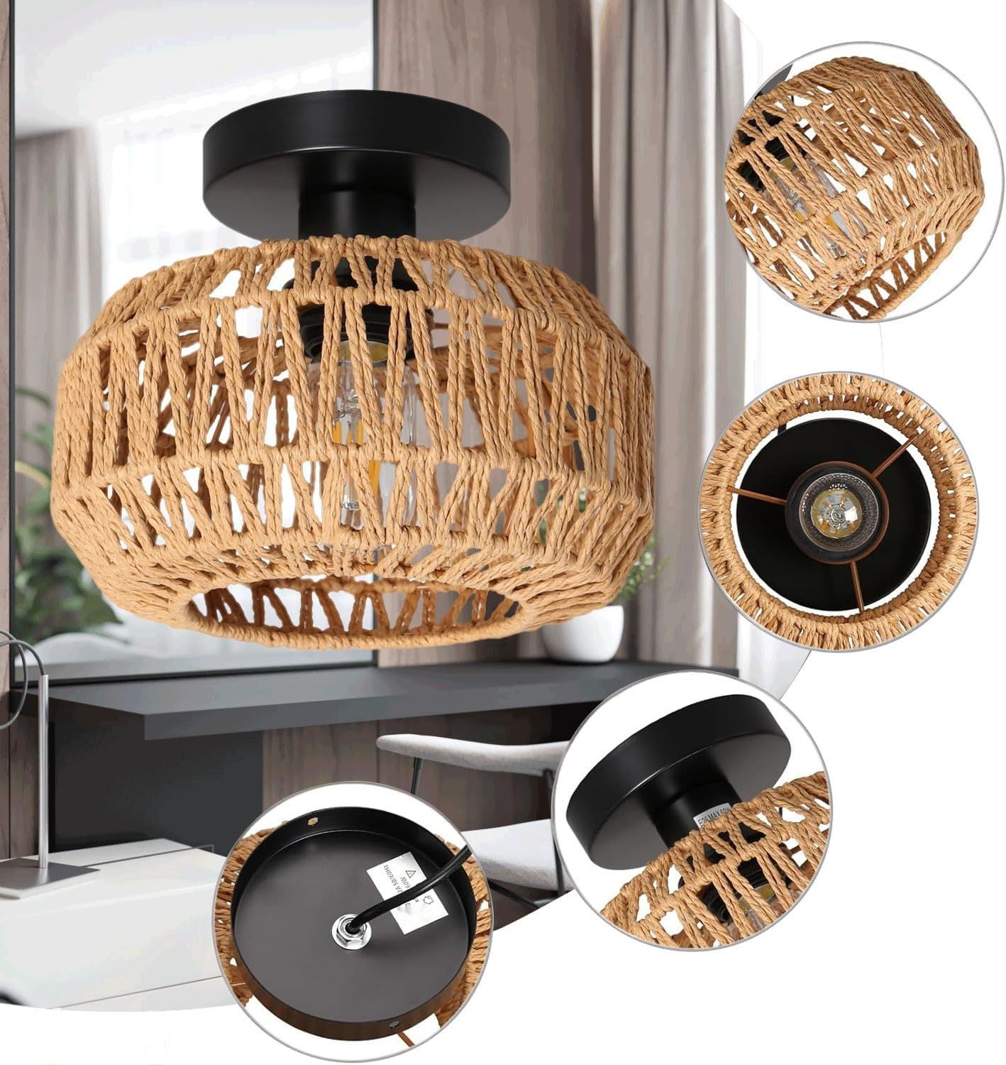 Boho Rattanowa Lampa Sufitowa Wisząca Vintage do Salonu, Jadalni, Sypialni