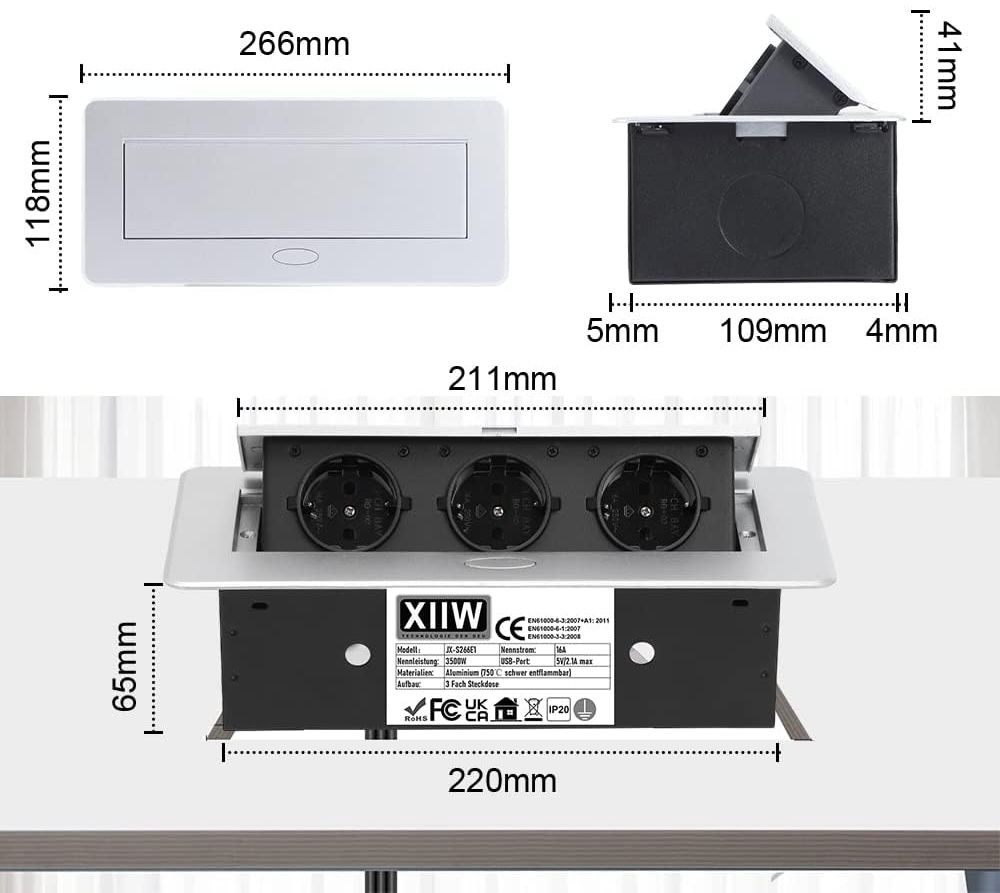 Aluminiowe Wysuwane Gniazdo Wpuszczane, 3500 W/16 A/230 V, 3 Przegrody
