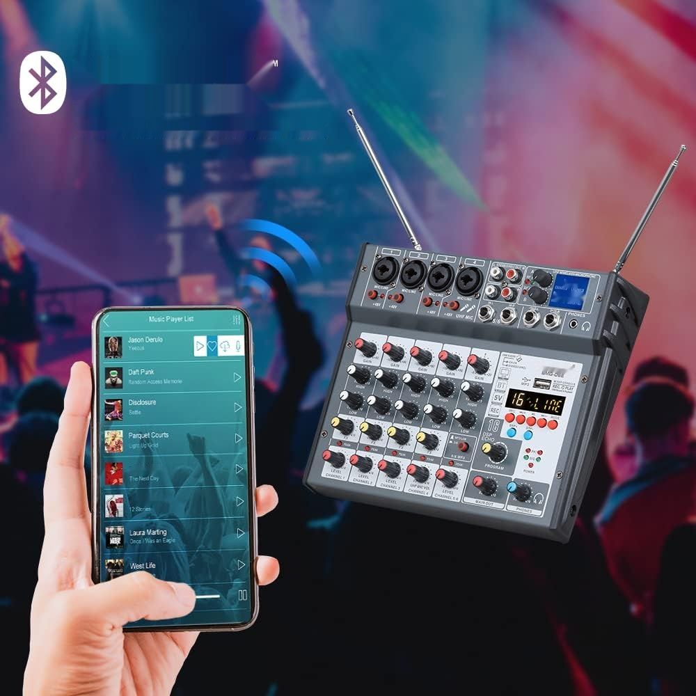 BOMGE 6-kanałowa konsola audio DJ z mikrofonem UHF, MP3, USB, Bluetooth