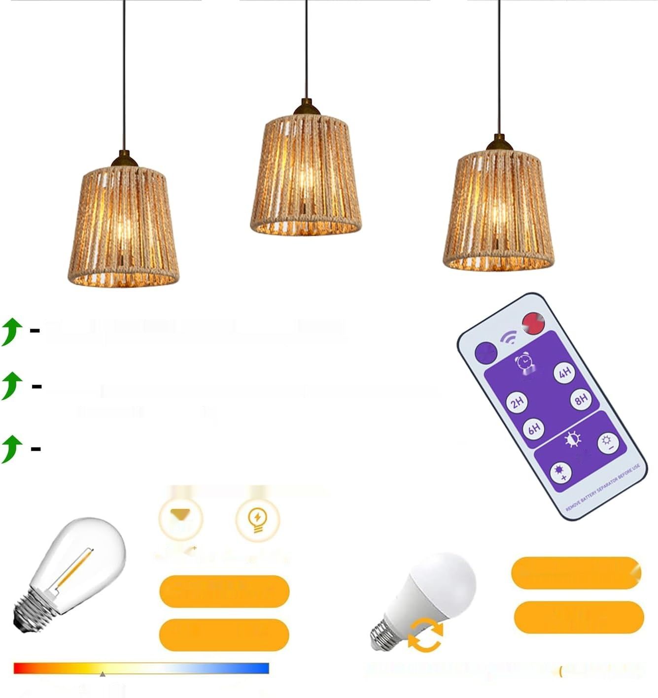 3 x Wisząca Lampa IP44 Zdalnie Sterowana, Klosz Rattan.