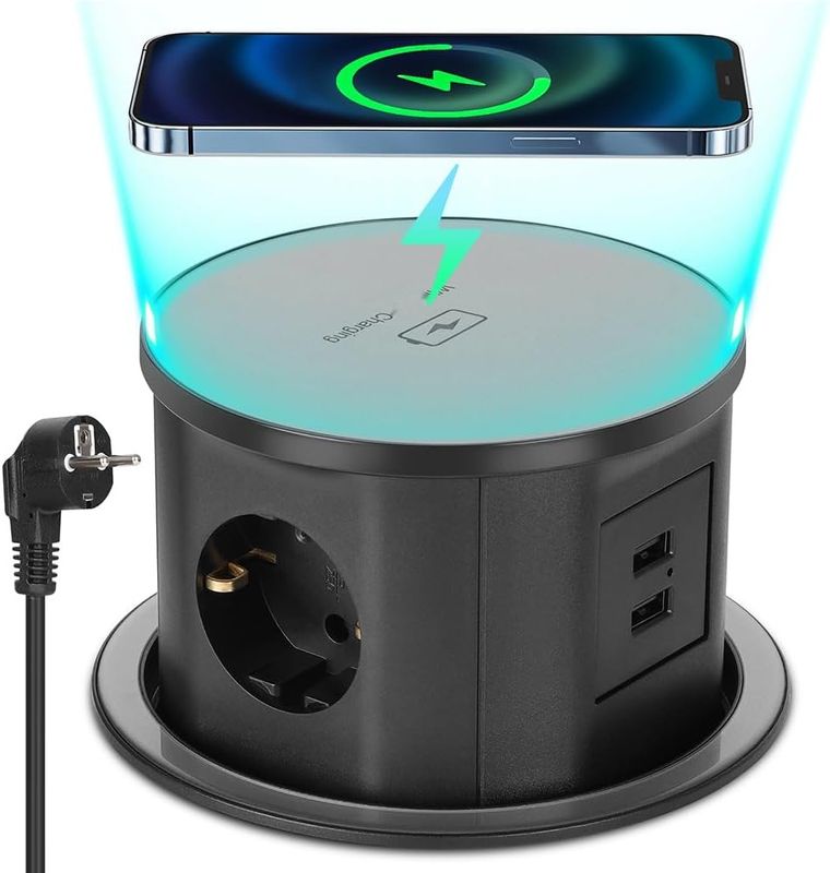 Wielogniazdowa listwa zasilająca, 2x USB A, ładowarka 15W, 3680W/16A, D120mm