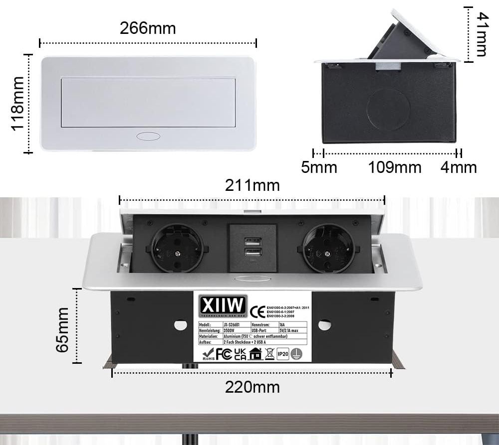 Chowany w gniazdo aluminiowe, 3500 W/16 A, 2-komorowe wpuszczane gniazdo.